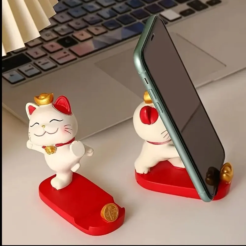 Lucky Cat Desk Phone Stand Figurine with Red Base